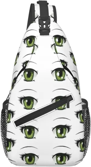 Cartoon Cute Green Eyes Crossbody Bag Cross Chest Bag Adjustable Sling Backpack Sports Gym Shoulder Bags Travel Cycling Daypack Diagonally Casual Rucksack