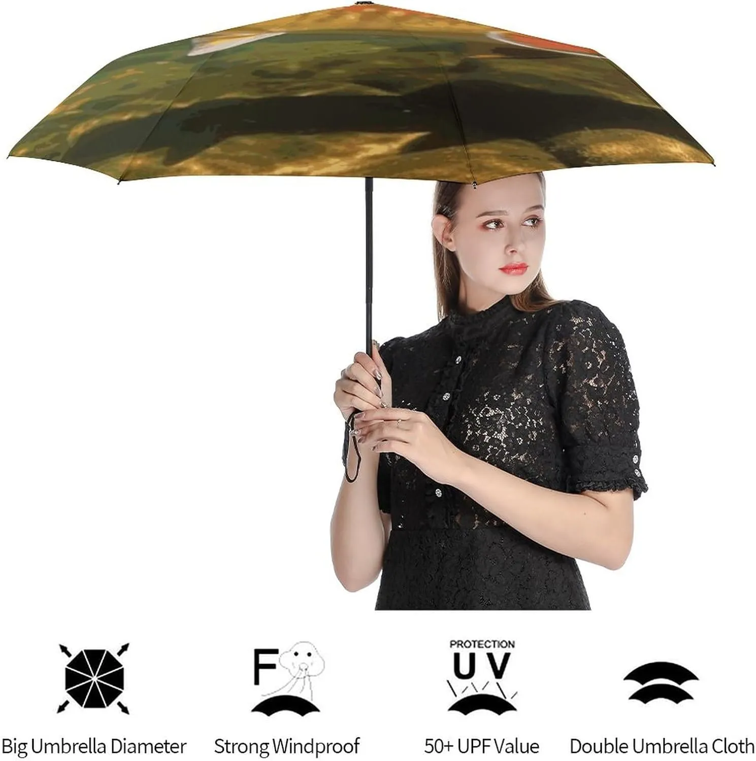 Cartoon Monkey Holding Fruit Umbrellas for Rain Portable Travel Umbrellas Lightweight Automatic Windproof Folding Umbrella Compact Outdoor Beach Umbrella for Women, Men