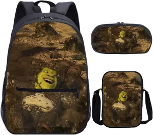 Cartoon Shrek 3 in 1 Backpack Set-Waterproof Bookbag Shoulder Bag Mini Case Casual Daypack for Travel