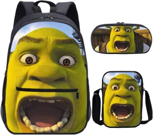 Cartoon Shrek 3 in 1 Backpack Set-Waterproof Bookbag Shoulder Bag Mini Case Casual Daypack for Travel