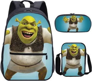 Cartoon Shrek 3 in 1 Backpack Set-Waterproof Bookbag Shoulder Bag Mini Case Casual Daypack for Travel