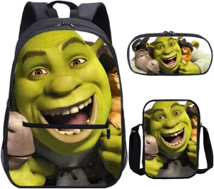 Cartoon Shrek 3 in 1 Backpack Set-Waterproof Bookbag Shoulder Bag Mini Case Casual Daypack for Travel