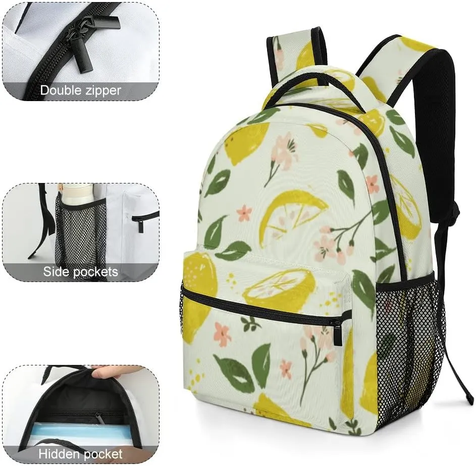 Casual Daypacks Backpacks Laptop Backpack Bright Summer Lemon Fruit Flowers Leaves Blossoms Work Bussiness School Students Bookbag Travel Hiking Gym Bags Waterproof Lightweight Women Men 16.5x12x6 Inch