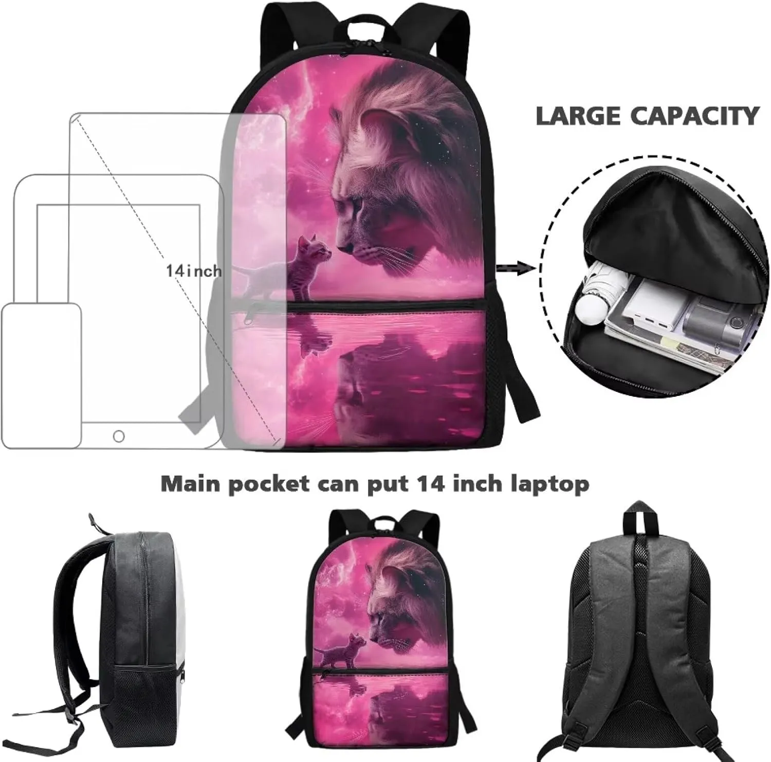 Cat Backpack for School Boys Kindergarten Elementary School Bag Kids Lion Book Bag 1 Grade 2Nd Grade 3Rd Grade Back to School Student Back Pack Travel Daycare Bag