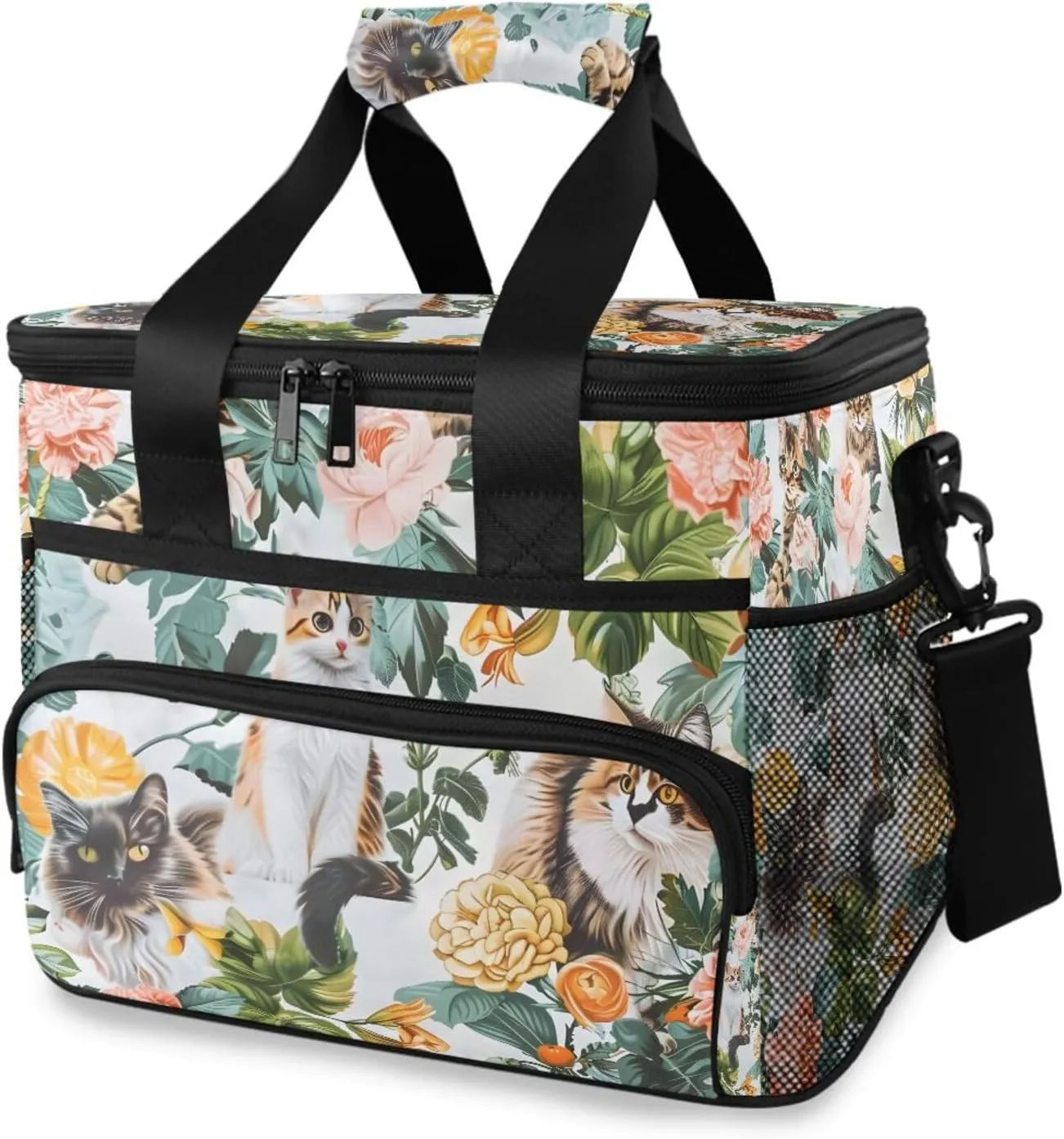 Cat Flower Palm Plant Cooler Bag Insulated Cooler Soft Sided Cooler 24 Can Portable Picnic Bag Large Leakproof Lunch Bag Box for Beach Grocery Camping Travel Car Men Women