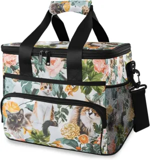 Cat Flower Palm Plant Cooler Bag Insulated Cooler Soft Sided Cooler 24 Can Portable Picnic Bag Large Leakproof Lunch Bag Box for Beach Grocery Camping Travel Car Men Women