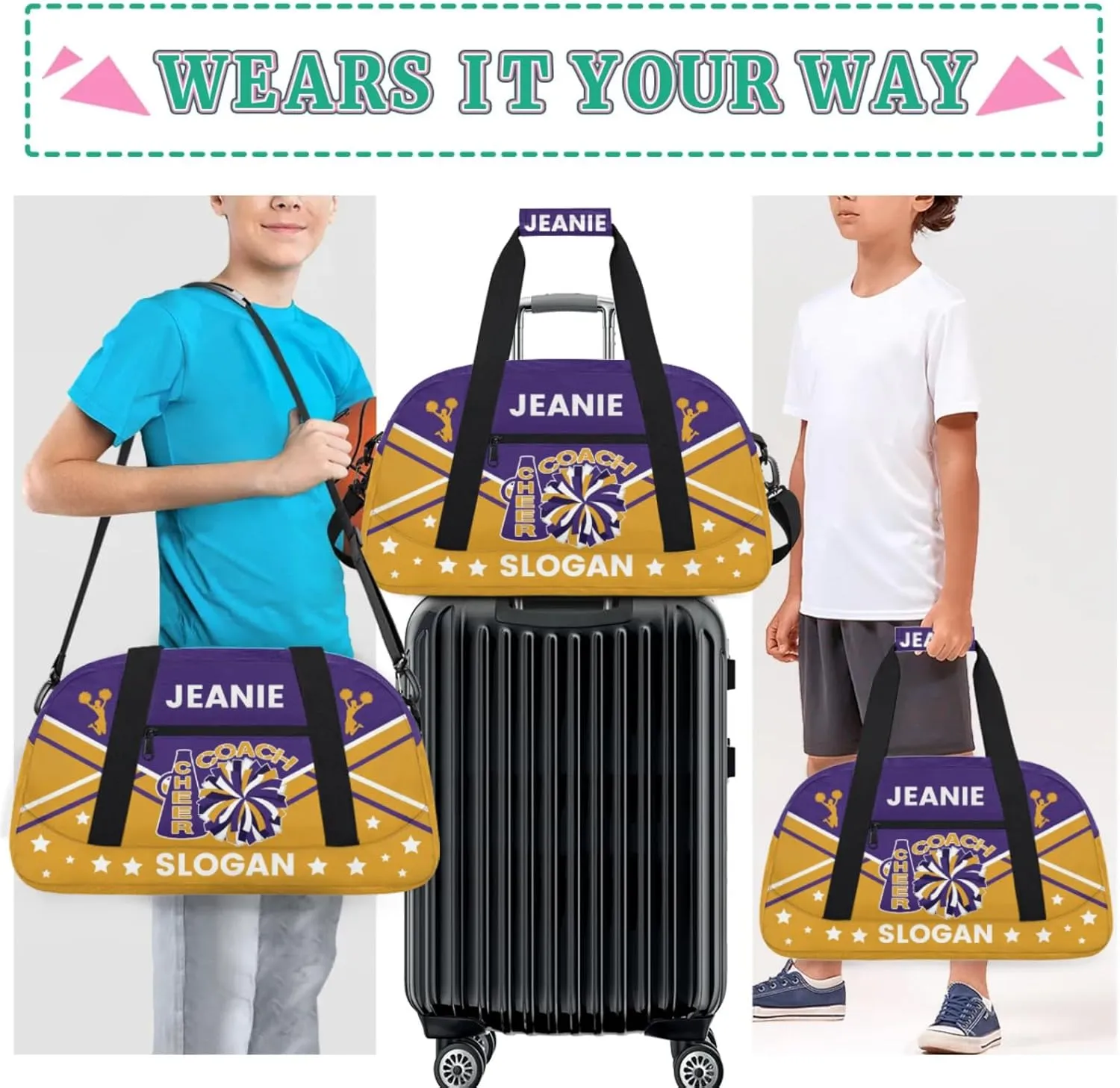 Cheer-Bags for Girls, Personalized Name Dance Ballet Gymnastics Sport Travel Duffel Bags for Cheerleader Kids with Custom Team Name for Overnight Weekender,Purple Yellow