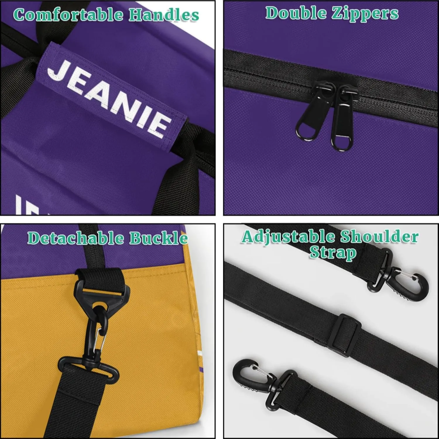 Cheer-Bags for Girls, Personalized Name Dance Ballet Gymnastics Sport Travel Duffel Bags for Cheerleader Kids with Custom Team Name for Overnight Weekender,Purple Yellow