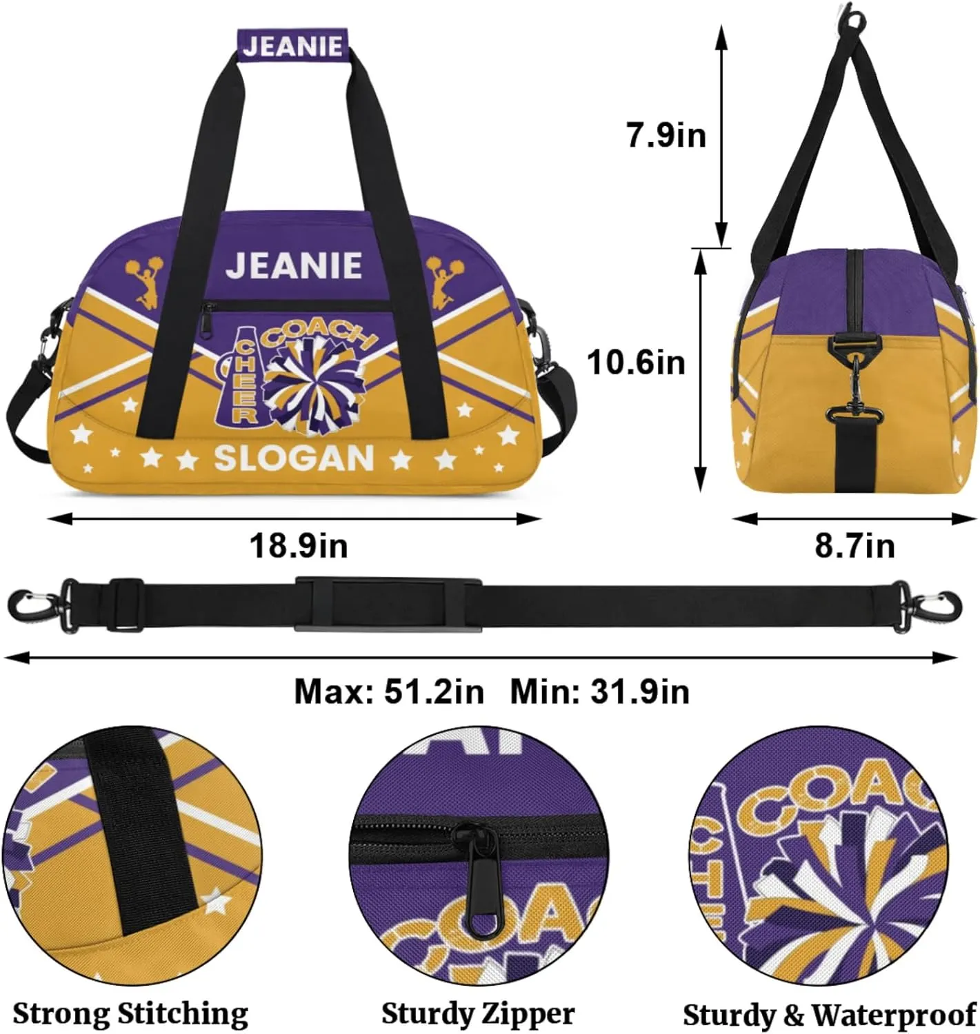 Cheer-Bags for Girls, Personalized Name Dance Ballet Gymnastics Sport Travel Duffel Bags for Cheerleader Kids with Custom Team Name for Overnight Weekender,Purple Yellow