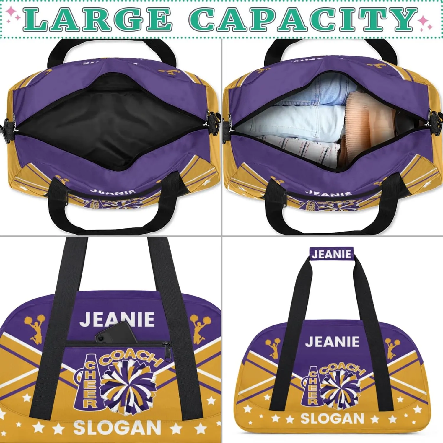 Cheer-Bags for Girls, Personalized Name Dance Ballet Gymnastics Sport Travel Duffel Bags for Cheerleader Kids with Custom Team Name for Overnight Weekender,Purple Yellow