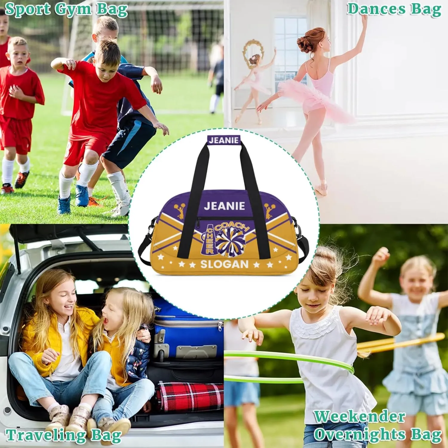 Cheer-Bags for Girls, Personalized Name Dance Ballet Gymnastics Sport Travel Duffel Bags for Cheerleader Kids with Custom Team Name for Overnight Weekender,Purple Yellow