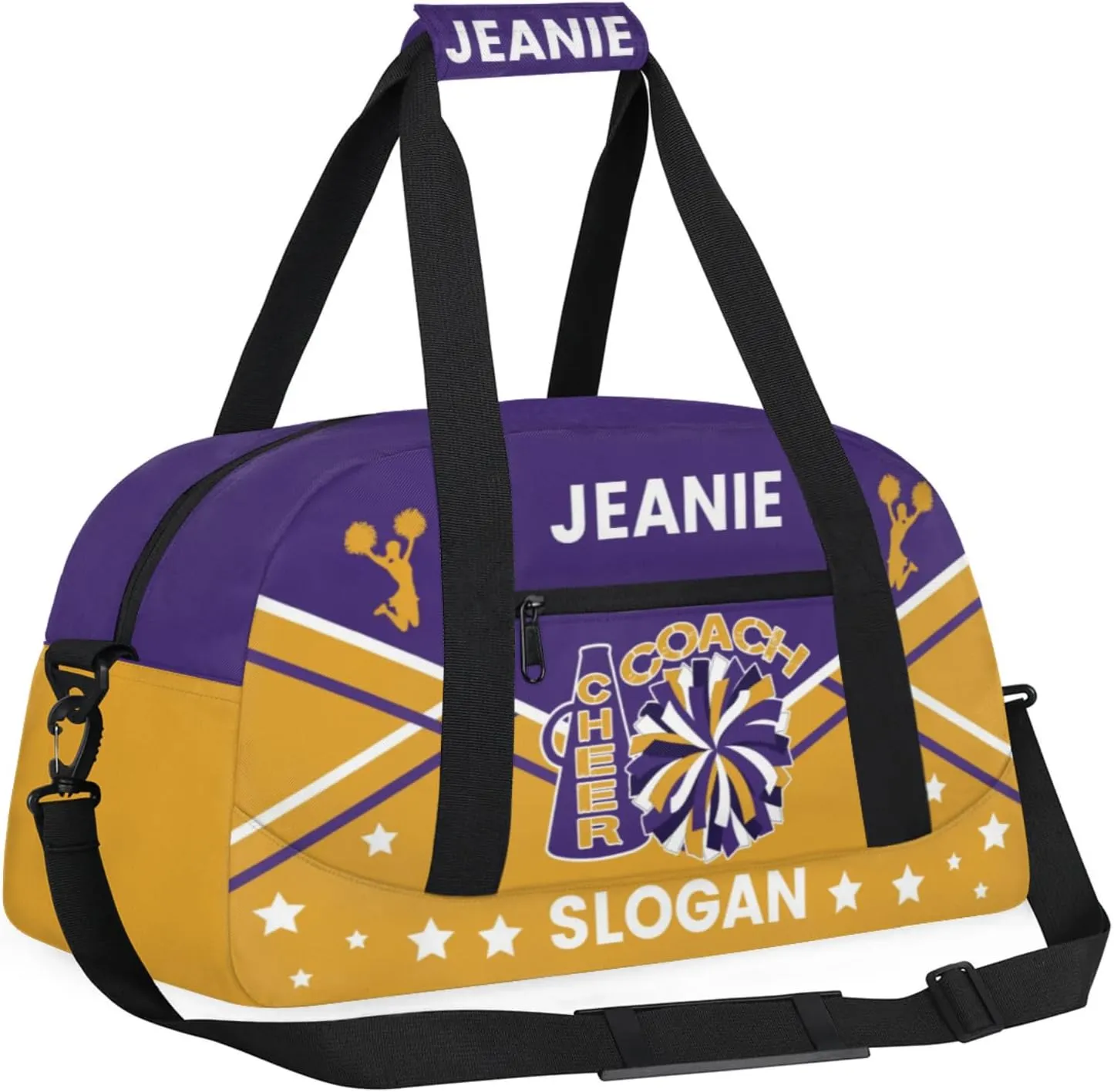 Cheer-Bags for Girls, Personalized Name Dance Ballet Gymnastics Sport Travel Duffel Bags for Cheerleader Kids with Custom Team Name for Overnight Weekender,Purple Yellow