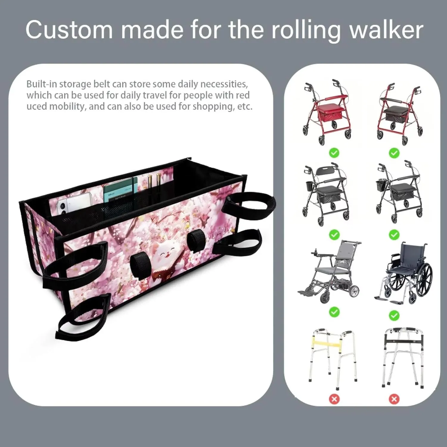 Cherry Flower White Cat Hand-Free Carry Storage Bags for Four Wheel Rollator Waterproof Walker Wheelchair Accessories Bag for Seniors with Pockets