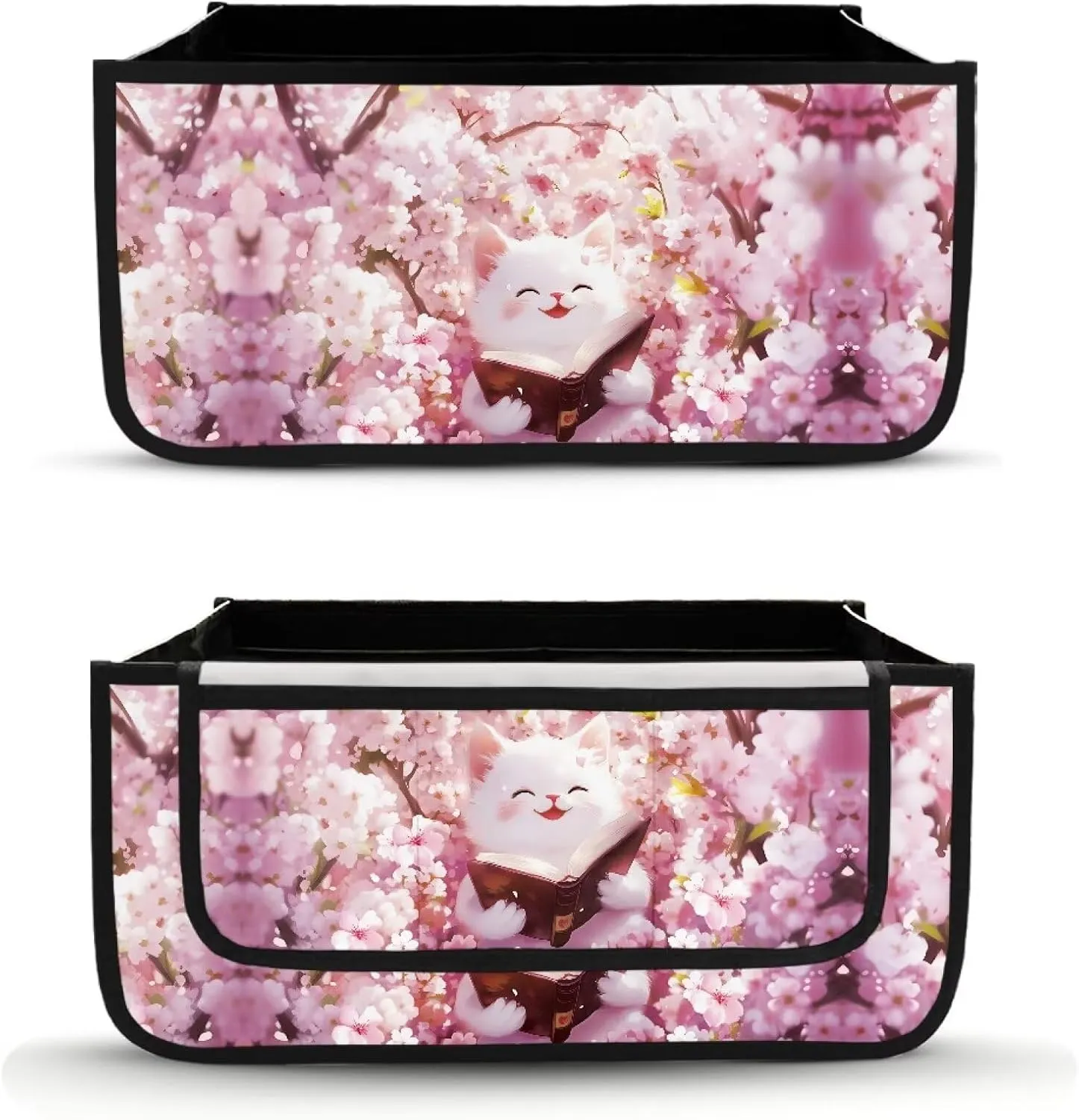 Cherry Flower White Cat Hand-Free Carry Storage Bags for Four Wheel Rollator Waterproof Walker Wheelchair Accessories Bag for Seniors with Pockets