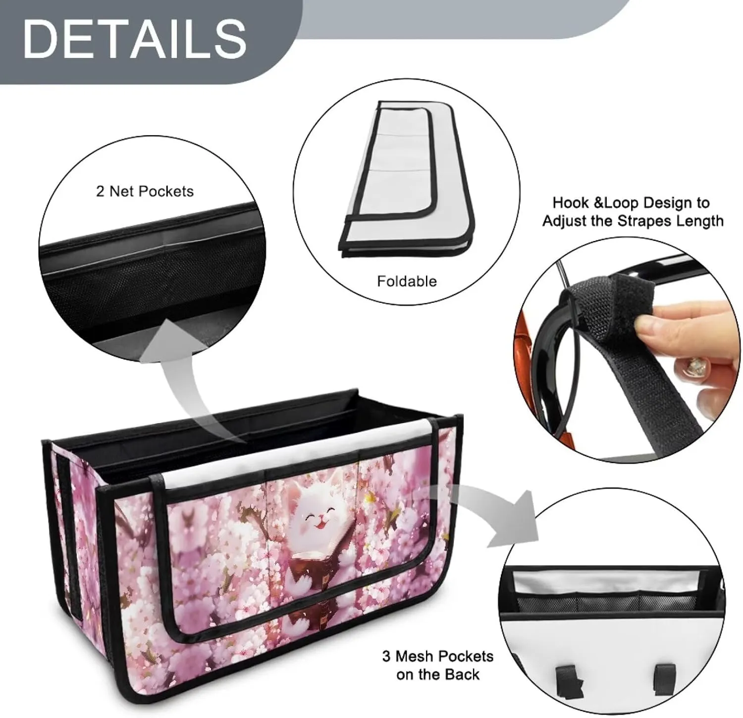 Cherry Flower White Cat Hand-Free Carry Storage Bags for Four Wheel Rollator Waterproof Walker Wheelchair Accessories Bag for Seniors with Pockets