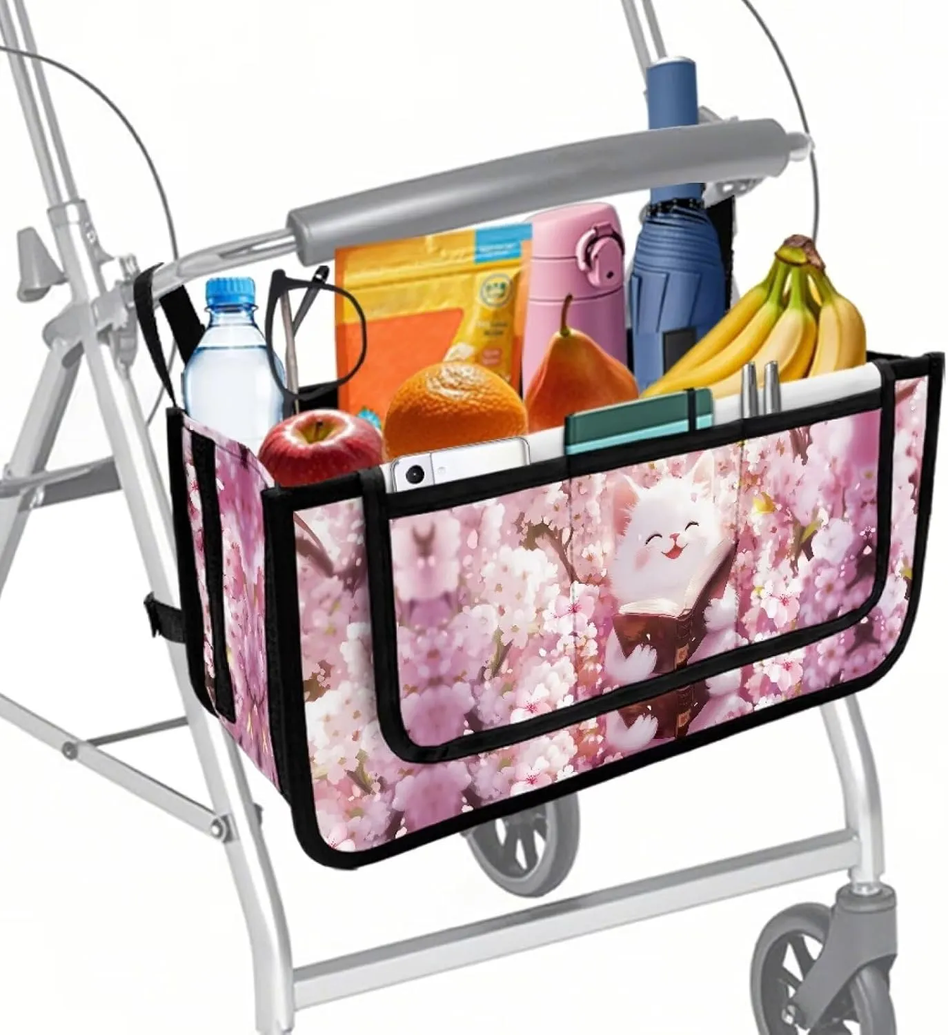 Cherry Flower White Cat Hand-Free Carry Storage Bags for Four Wheel Rollator Waterproof Walker Wheelchair Accessories Bag for Seniors with Pockets