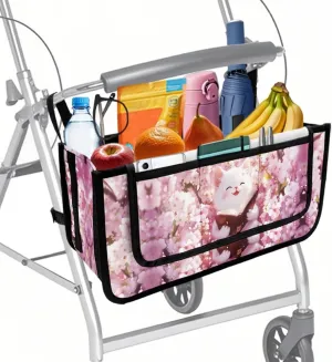 Cherry Flower White Cat Hand-Free Carry Storage Bags for Four Wheel Rollator Waterproof Walker Wheelchair Accessories Bag for Seniors with Pockets