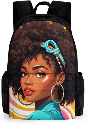 Chic Cartoon Black Woman African American Woman Art Rucksack Polyester Anti-Theft Multipurpose Carry On Bag Large Capacity Travel and Sport Backpack Rucksack With Smooth Zippers