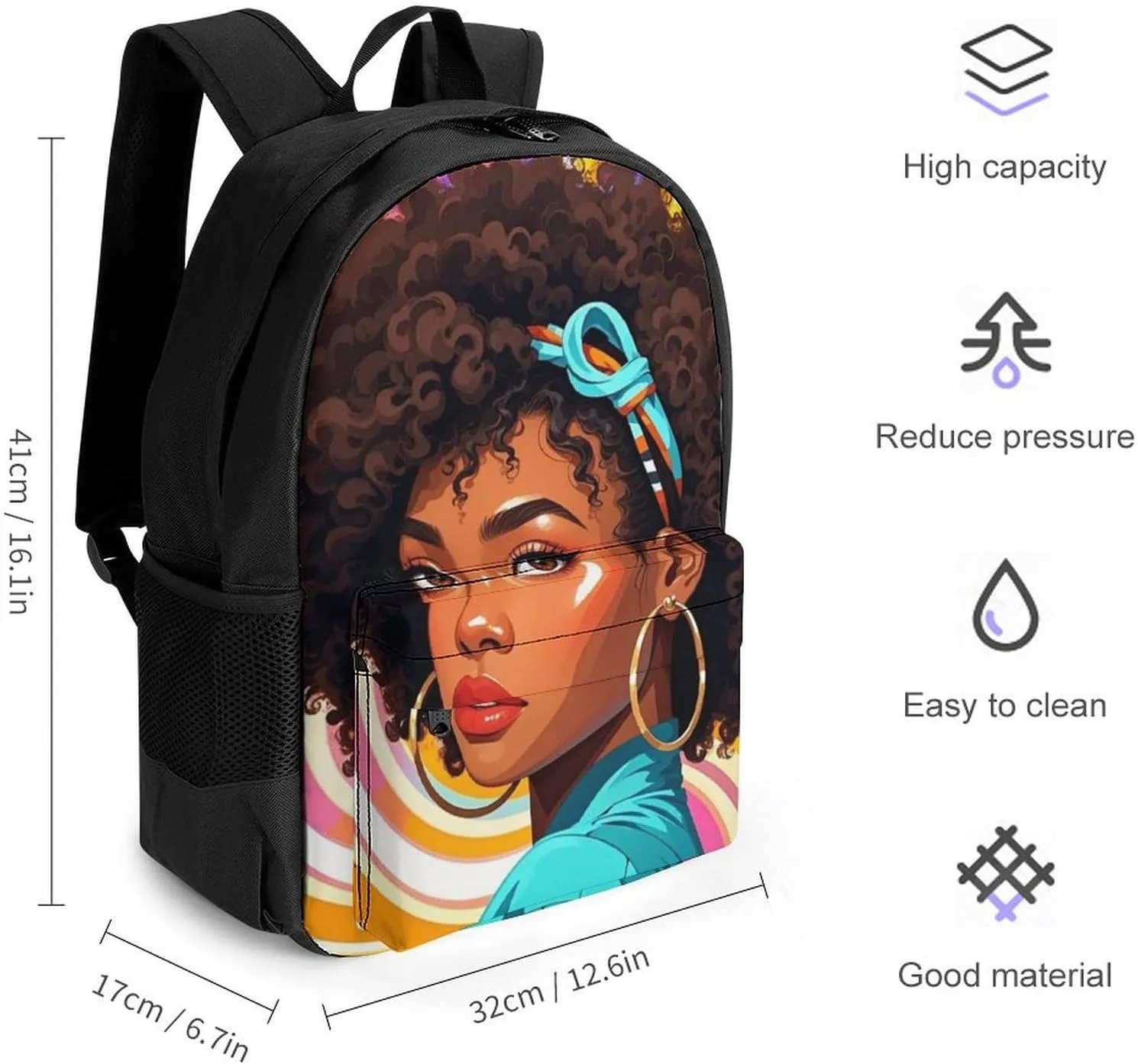Chic Cartoon Black Woman African American Woman Art Rucksack Polyester Anti-Theft Multipurpose Carry On Bag Large Capacity Travel and Sport Backpack Rucksack With Smooth Zippers