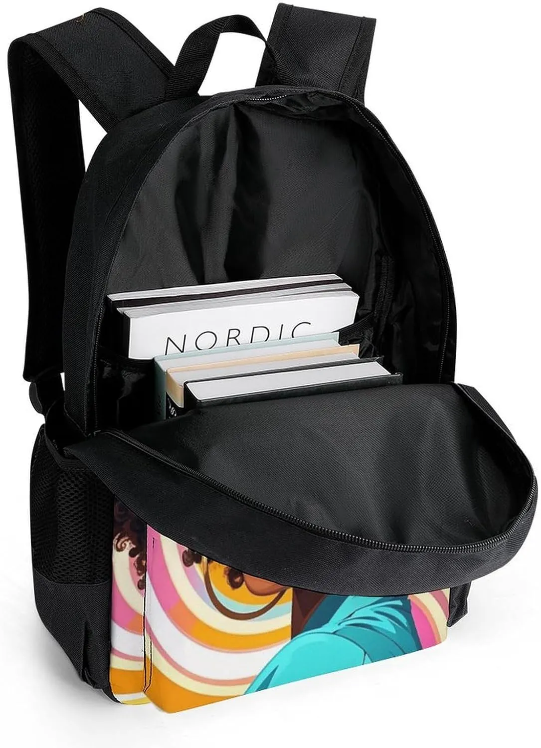 Chic Cartoon Black Woman African American Woman Art Rucksack Polyester Anti-Theft Multipurpose Carry On Bag Large Capacity Travel and Sport Backpack Rucksack With Smooth Zippers