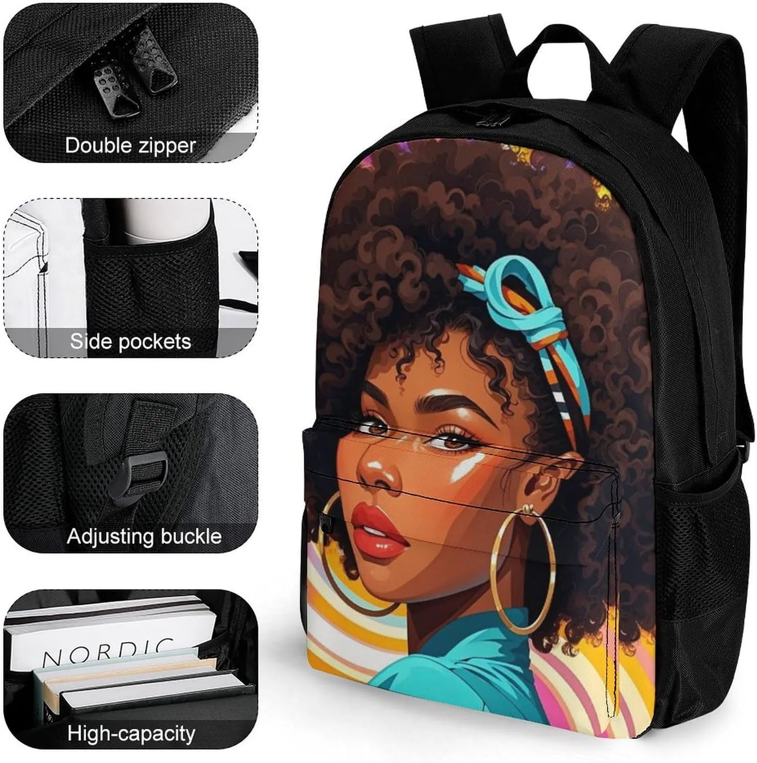 Chic Cartoon Black Woman African American Woman Art Rucksack Polyester Anti-Theft Multipurpose Carry On Bag Large Capacity Travel and Sport Backpack Rucksack With Smooth Zippers