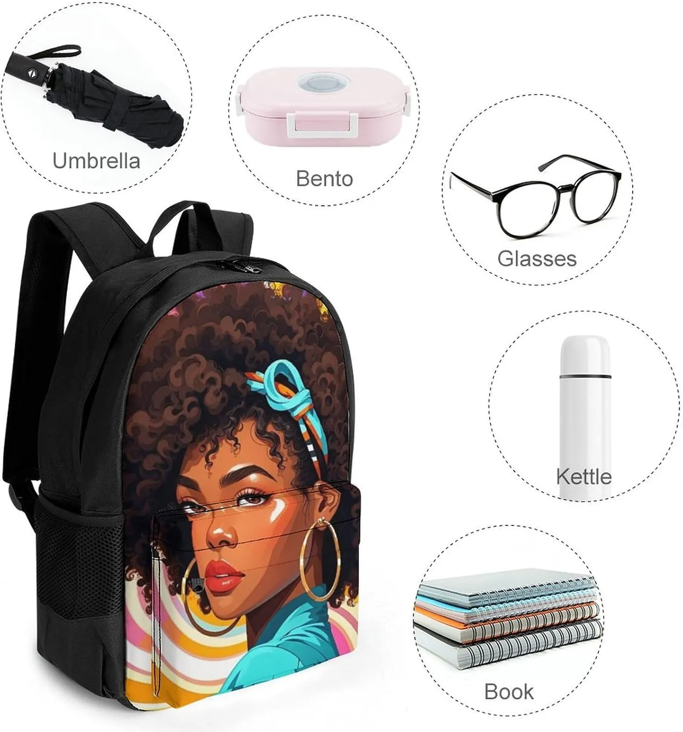 Chic Cartoon Black Woman African American Woman Art Rucksack Polyester Anti-Theft Multipurpose Carry On Bag Large Capacity Travel and Sport Backpack Rucksack With Smooth Zippers