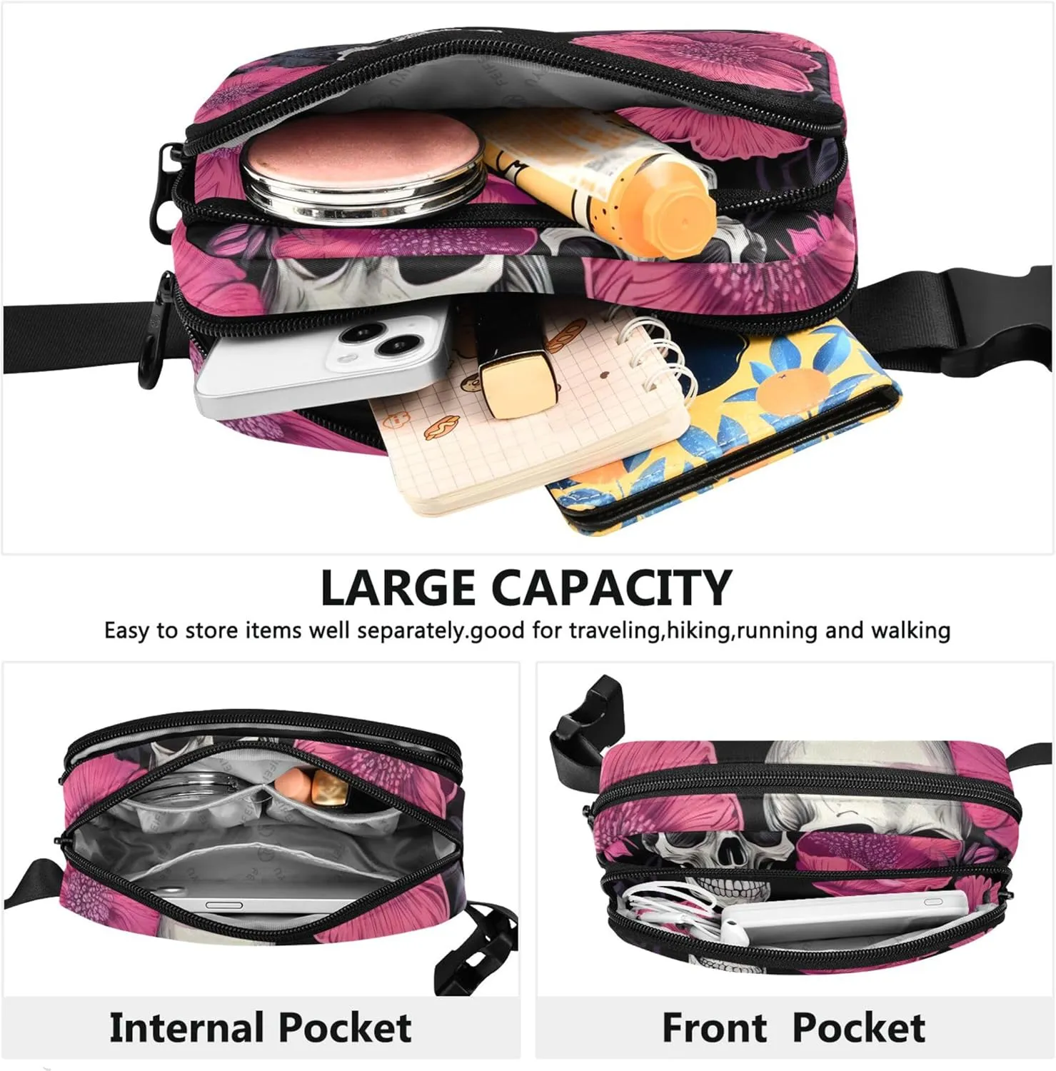 Chic Skull Floral Print Women Fanny Packs Waterproof Hip Bag Belt Purse Bright Crossbody Waist Pack