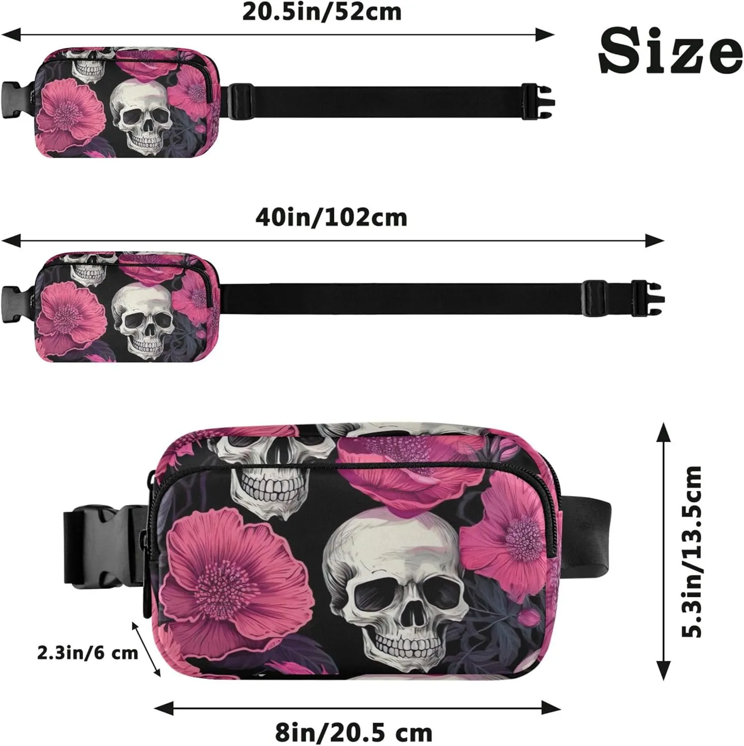 Chic Skull Floral Print Women Fanny Packs Waterproof Hip Bag Belt Purse Bright Crossbody Waist Pack