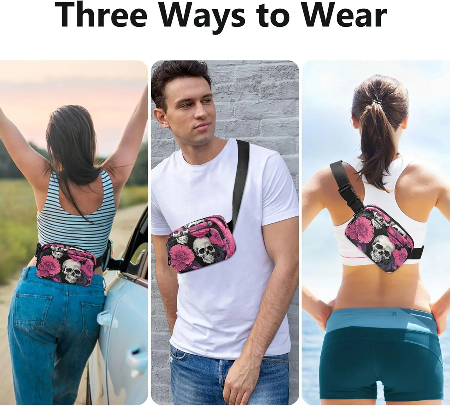 Chic Skull Floral Print Women Fanny Packs Waterproof Hip Bag Belt Purse Bright Crossbody Waist Pack