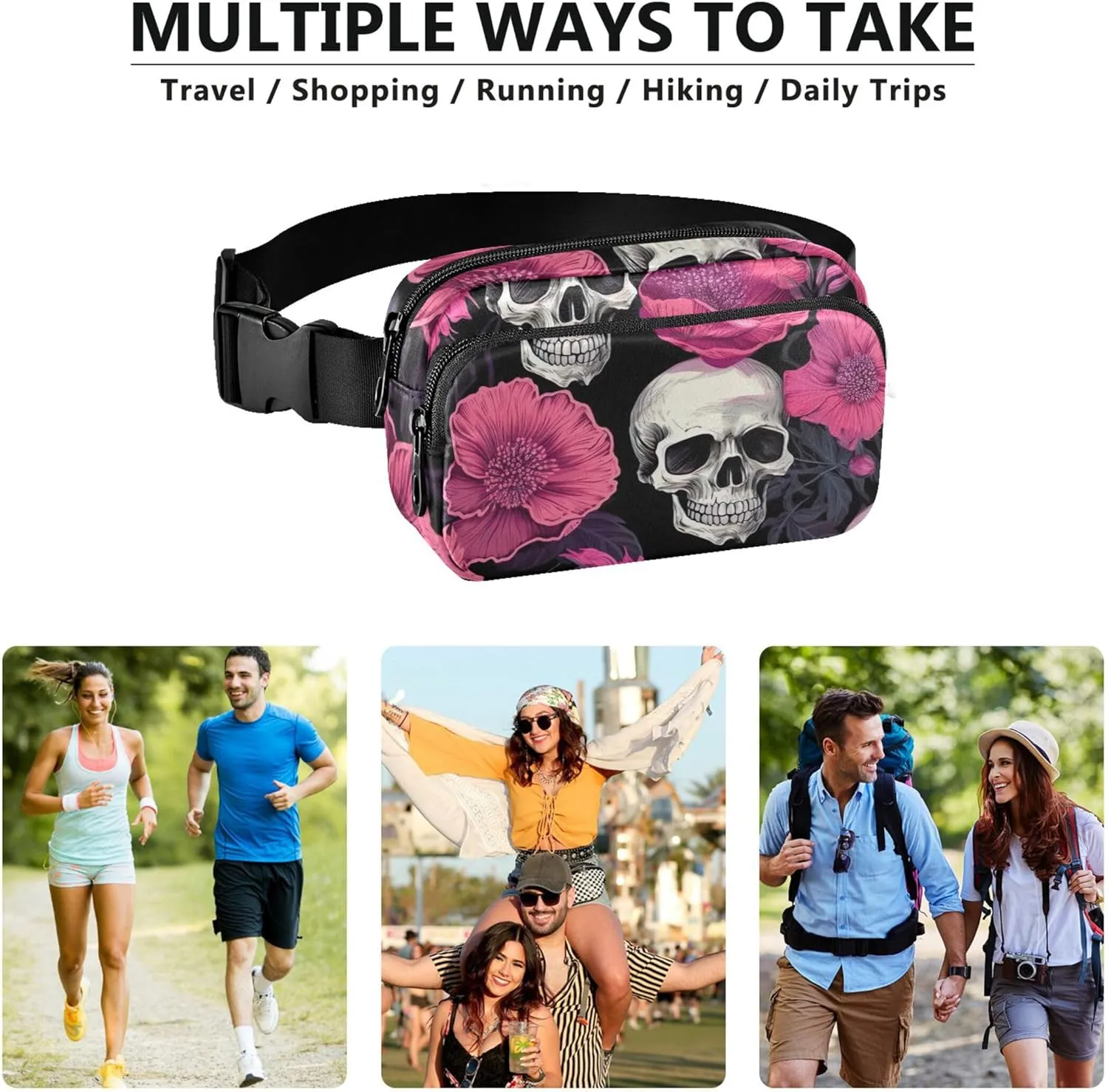 Chic Skull Floral Print Women Fanny Packs Waterproof Hip Bag Belt Purse Bright Crossbody Waist Pack