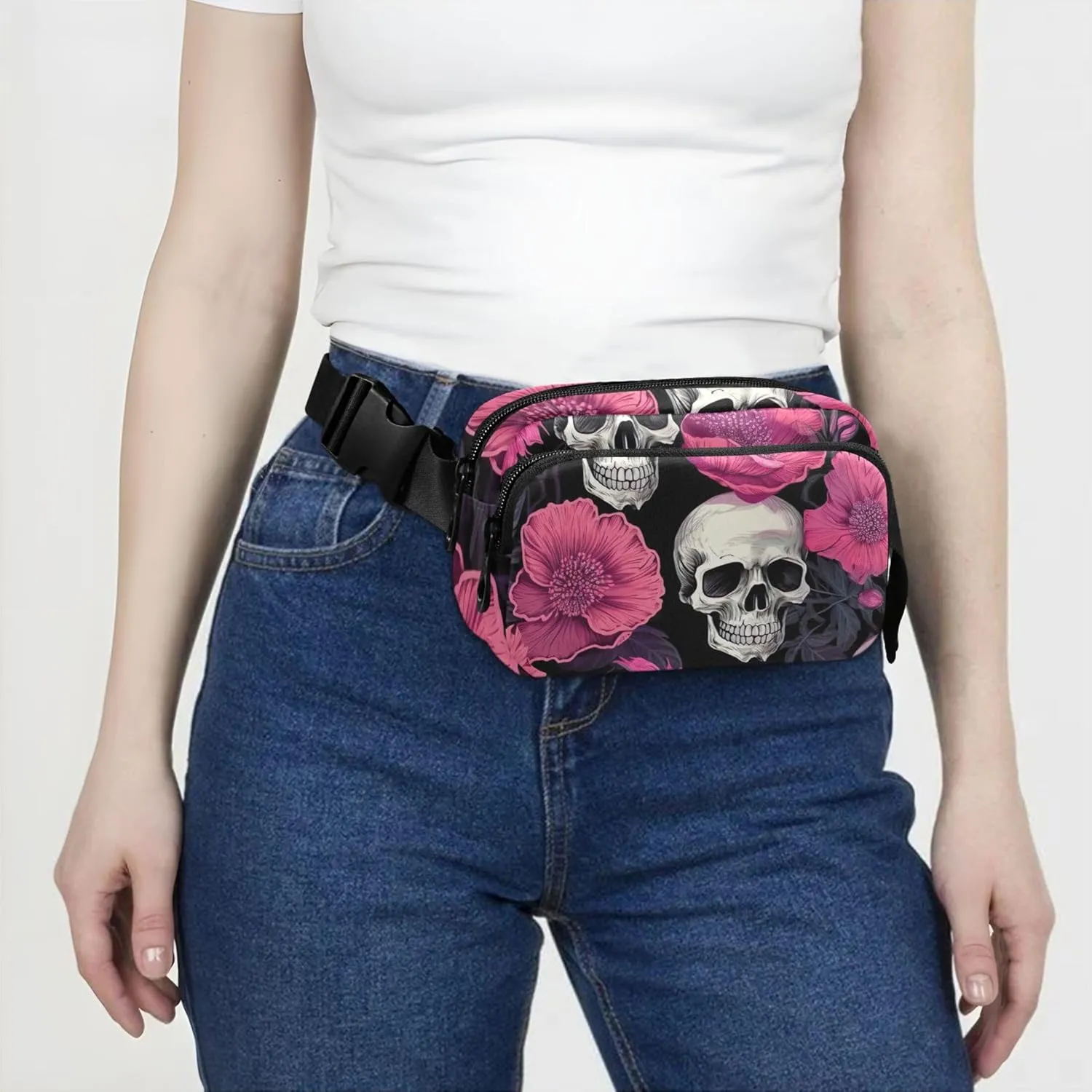 Chic Skull Floral Print Women Fanny Packs Waterproof Hip Bag Belt Purse Bright Crossbody Waist Pack