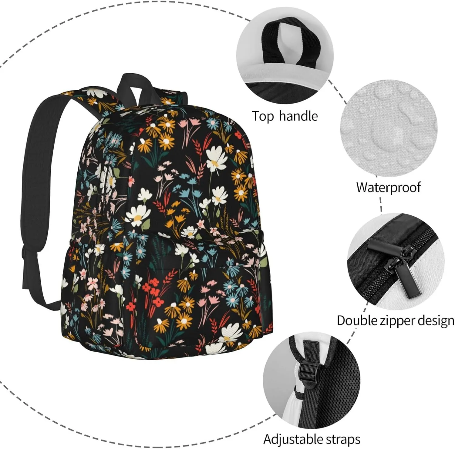 Chic Wildflowers Stylish Backpack With Adjustable Padded Shoulder Straps Daypacks For College Travel