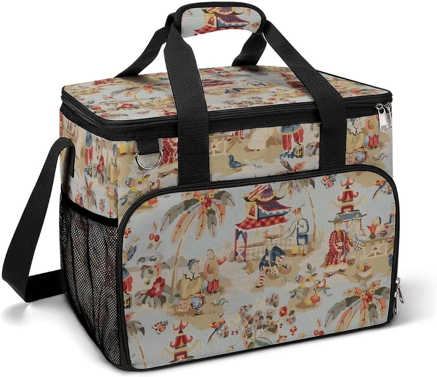 Chinoiserie Ancient Folk Art Cooler Bag, Collapsible Soft Sided Cooler, Large Leakproof Camping Cooler, Portable Travel Cooler for Camping, Road Trips