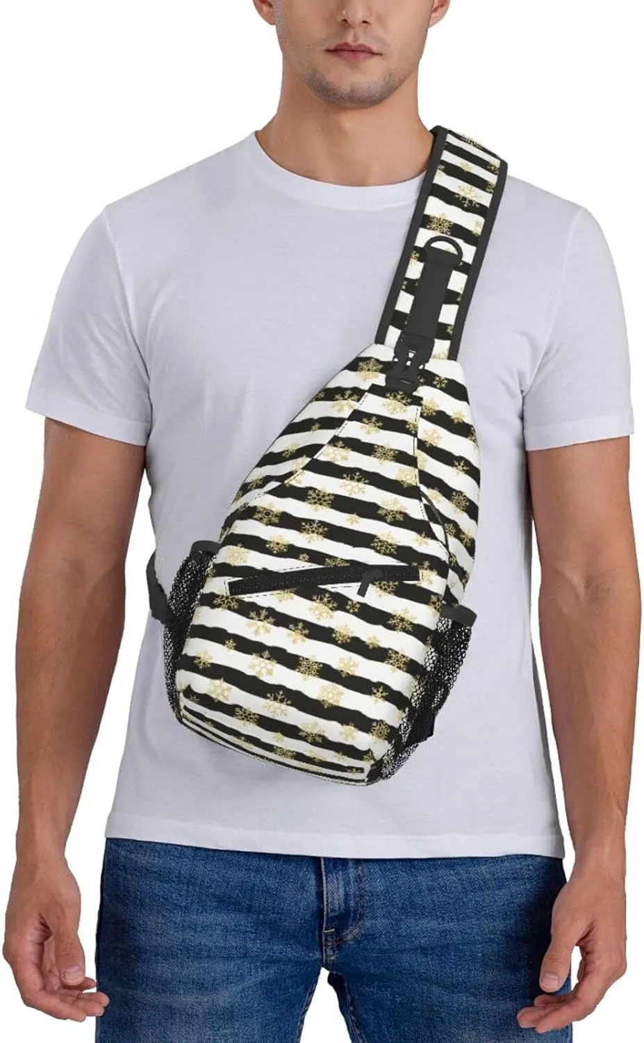 Christmas Gold Snowflakes Black White Stripes Cross Chest Bag Diagonally Hiking Crossbody Bag Travel Shoulder Daypack Lightweight Sling Backpack Cycling Daypacks Fitness Chest Backpacks