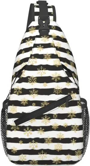 Christmas Gold Snowflakes Black White Stripes Cross Chest Bag Diagonally Hiking Crossbody Bag Travel Shoulder Daypack Lightweight Sling Backpack Cycling Daypacks Fitness Chest Backpacks