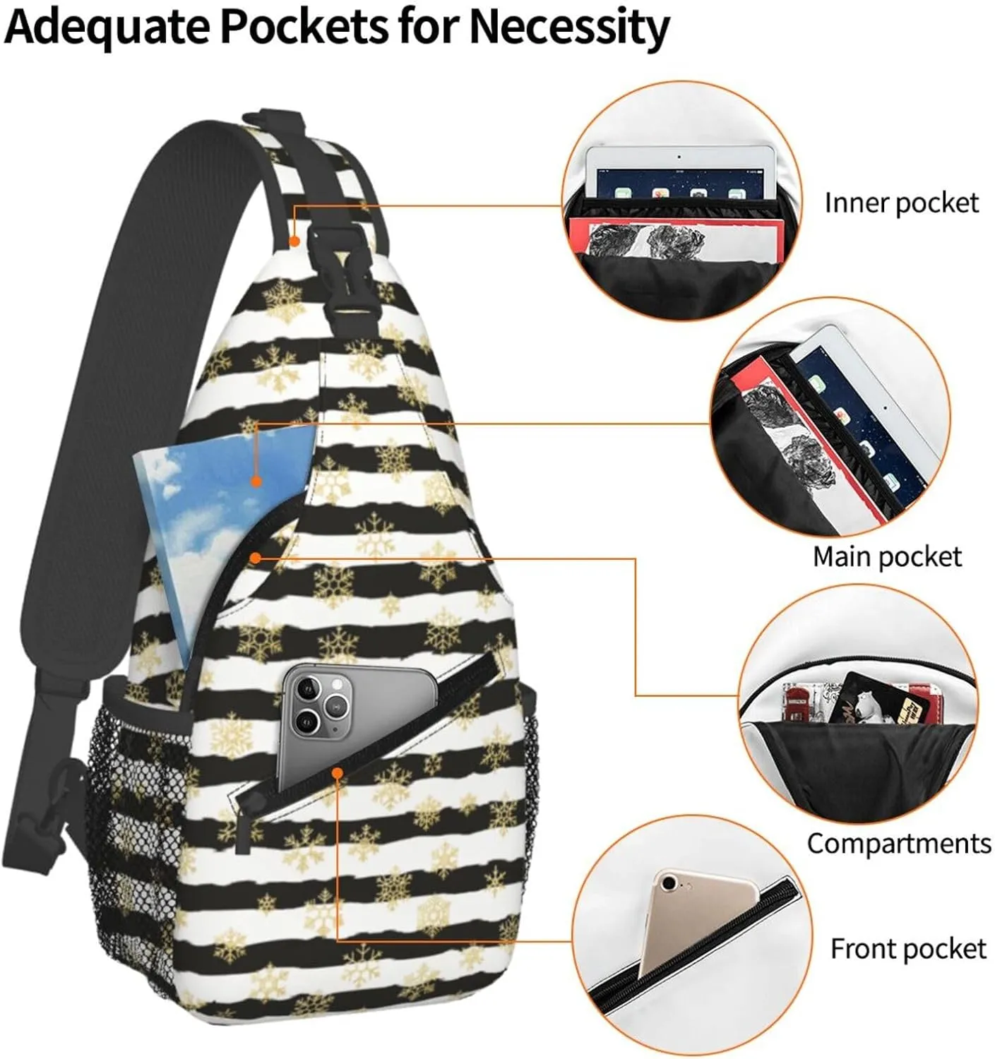 Christmas Gold Snowflakes Black White Stripes Cross Chest Bag Diagonally Hiking Crossbody Bag Travel Shoulder Daypack Lightweight Sling Backpack Cycling Daypacks Fitness Chest Backpacks