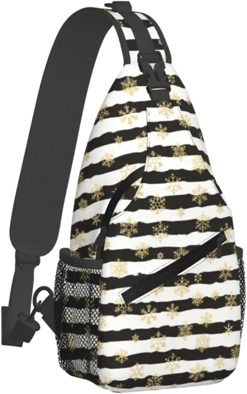 Christmas Gold Snowflakes Black White Stripes Cross Chest Bag Diagonally Hiking Crossbody Bag Travel Shoulder Daypack Lightweight Sling Backpack Cycling Daypacks Fitness Chest Backpacks