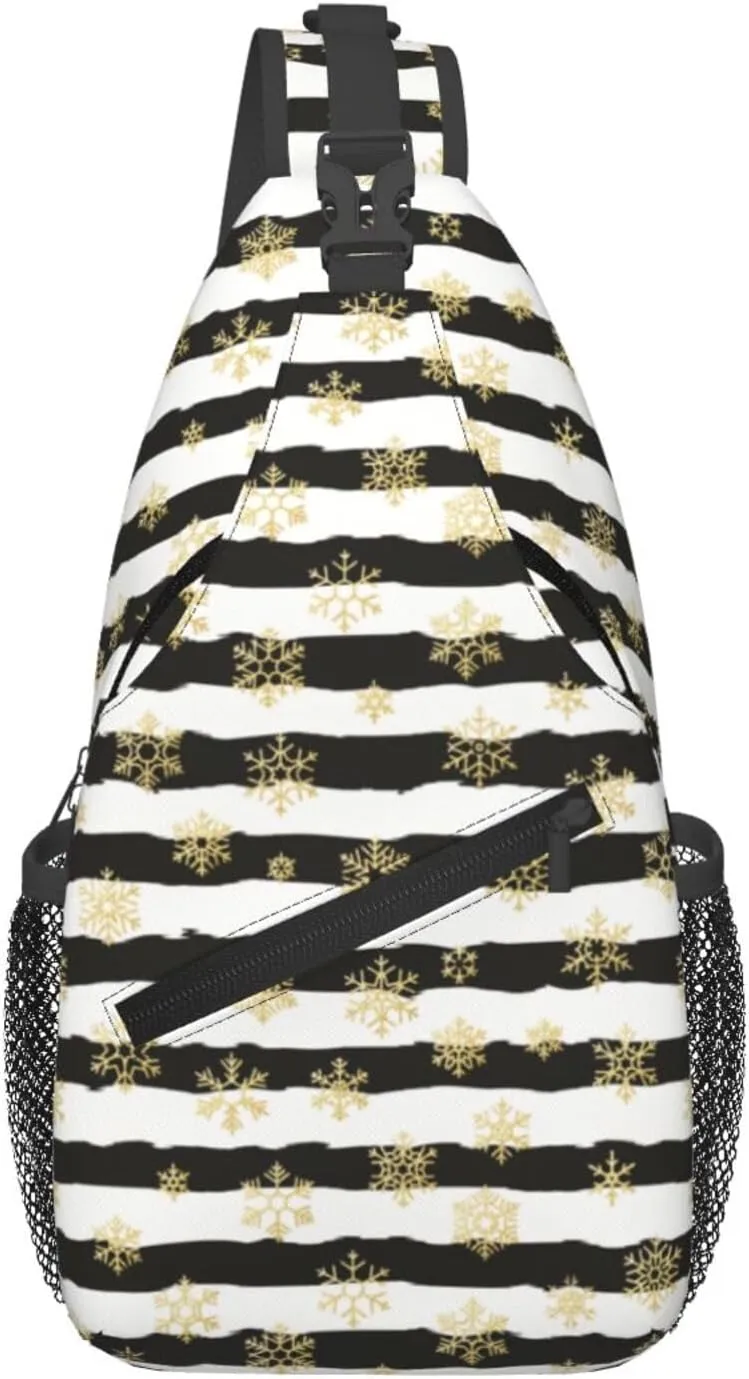 Christmas Gold Snowflakes Black White Stripes Cross Chest Bag Diagonally Hiking Crossbody Bag Travel Shoulder Daypack Lightweight Sling Backpack Cycling Daypacks Fitness Chest Backpacks