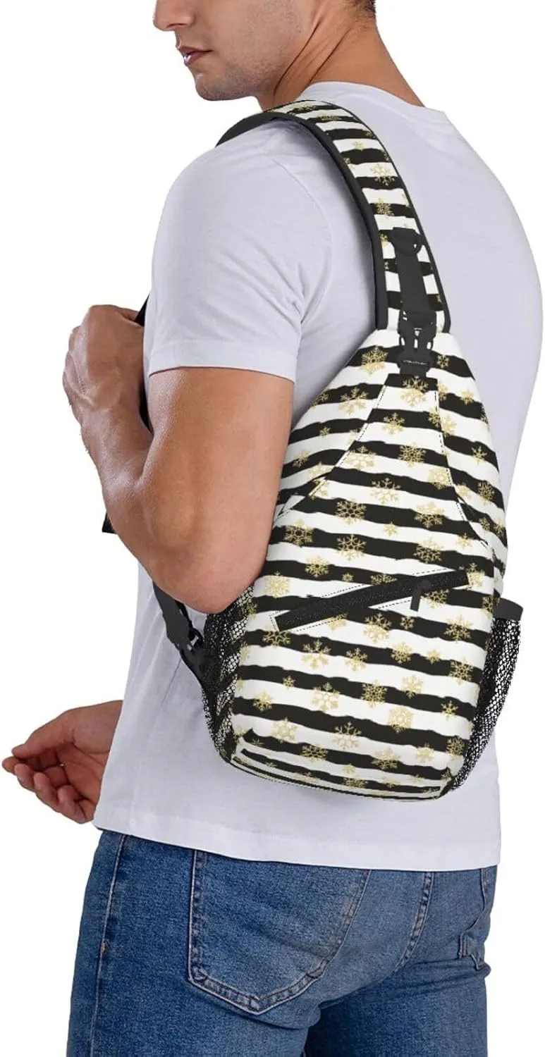 Christmas Gold Snowflakes Black White Stripes Cross Chest Bag Diagonally Hiking Crossbody Bag Travel Shoulder Daypack Lightweight Sling Backpack Cycling Daypacks Fitness Chest Backpacks