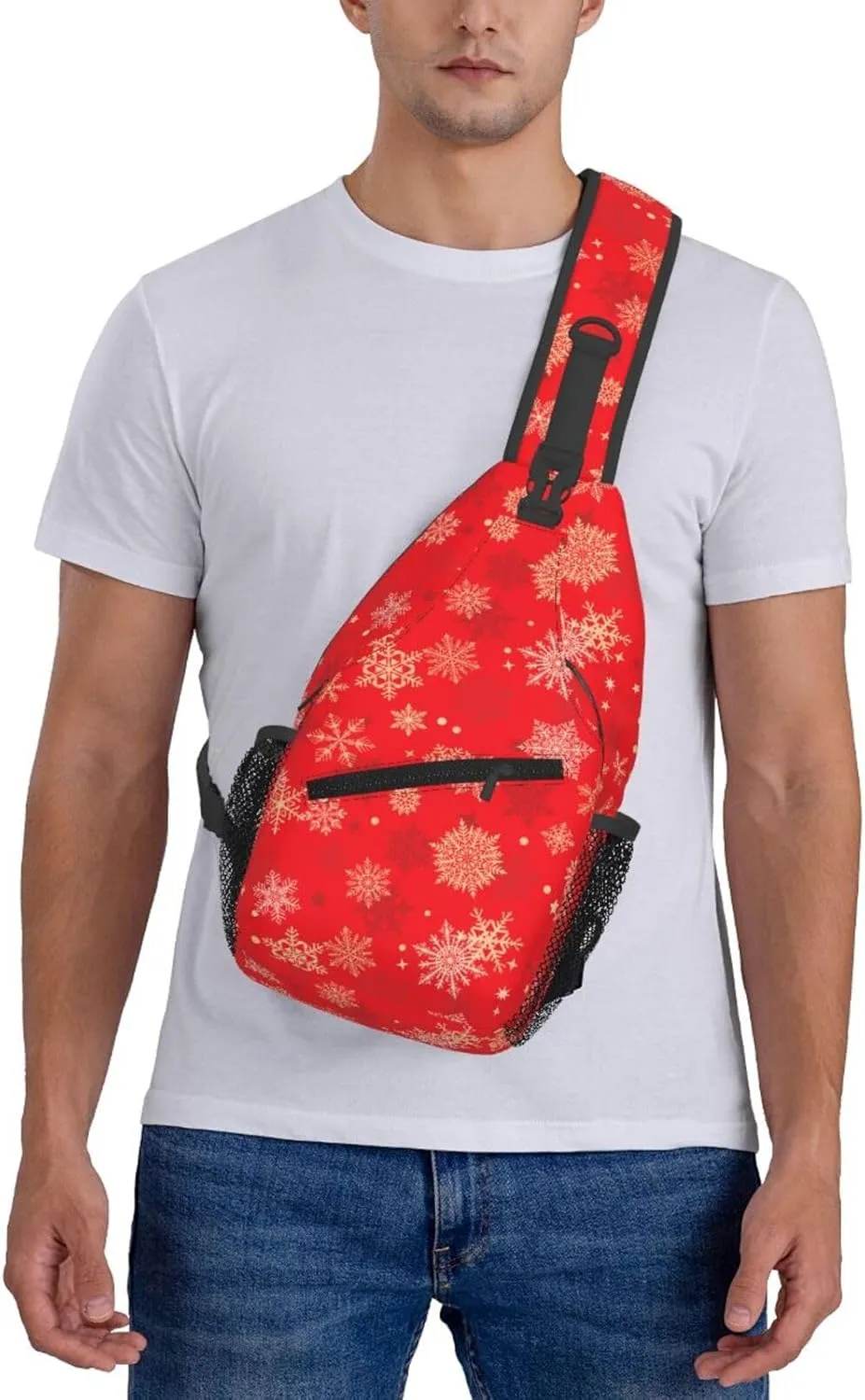 Christmas Gold Snowflakes Red Cross Chest Bag Diagonally Hiking Crossbody Bag Travel Shoulder Daypack Lightweight Sling Backpack Cycling Daypacks Fitness Chest Backpacks