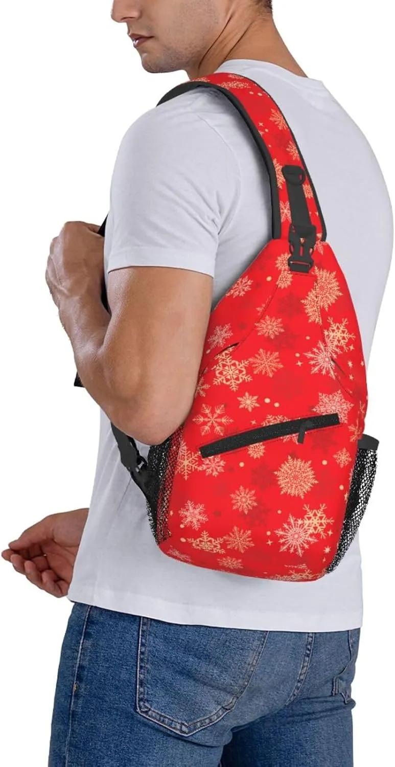 Christmas Gold Snowflakes Red Cross Chest Bag Diagonally Hiking Crossbody Bag Travel Shoulder Daypack Lightweight Sling Backpack Cycling Daypacks Fitness Chest Backpacks