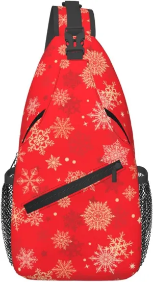 Christmas Gold Snowflakes Red Cross Chest Bag Diagonally Hiking Crossbody Bag Travel Shoulder Daypack Lightweight Sling Backpack Cycling Daypacks Fitness Chest Backpacks