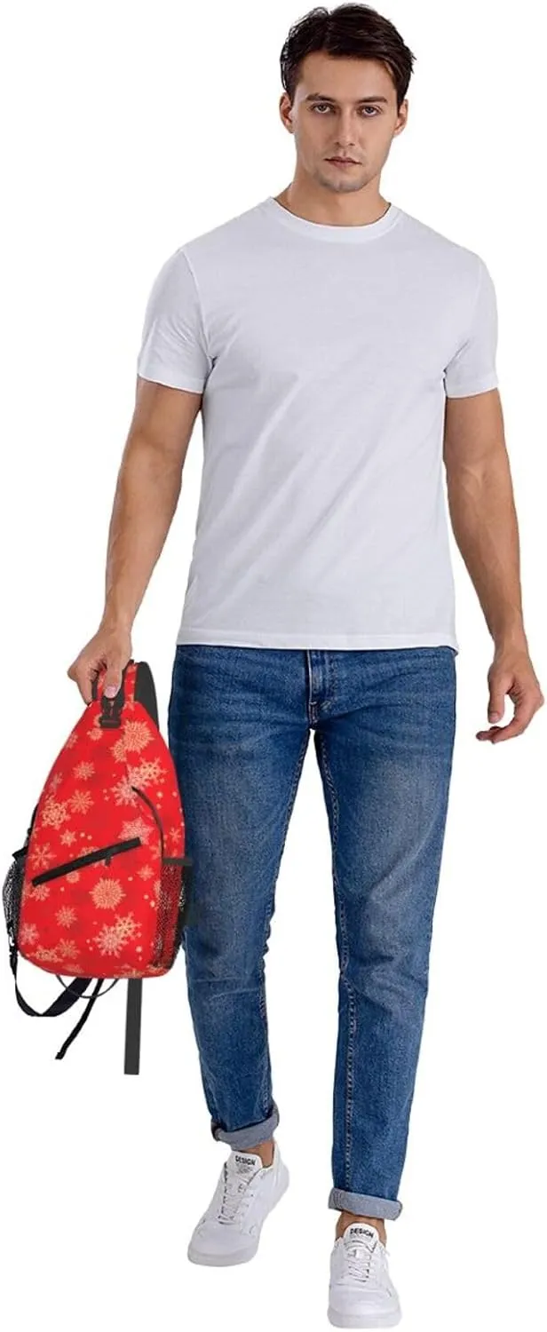 Christmas Gold Snowflakes Red Cross Chest Bag Diagonally Hiking Crossbody Bag Travel Shoulder Daypack Lightweight Sling Backpack Cycling Daypacks Fitness Chest Backpacks