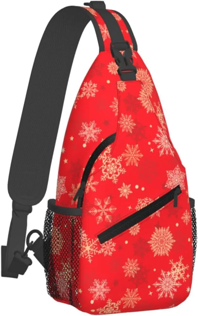 Christmas Gold Snowflakes Red Cross Chest Bag Diagonally Hiking Crossbody Bag Travel Shoulder Daypack Lightweight Sling Backpack Cycling Daypacks Fitness Chest Backpacks