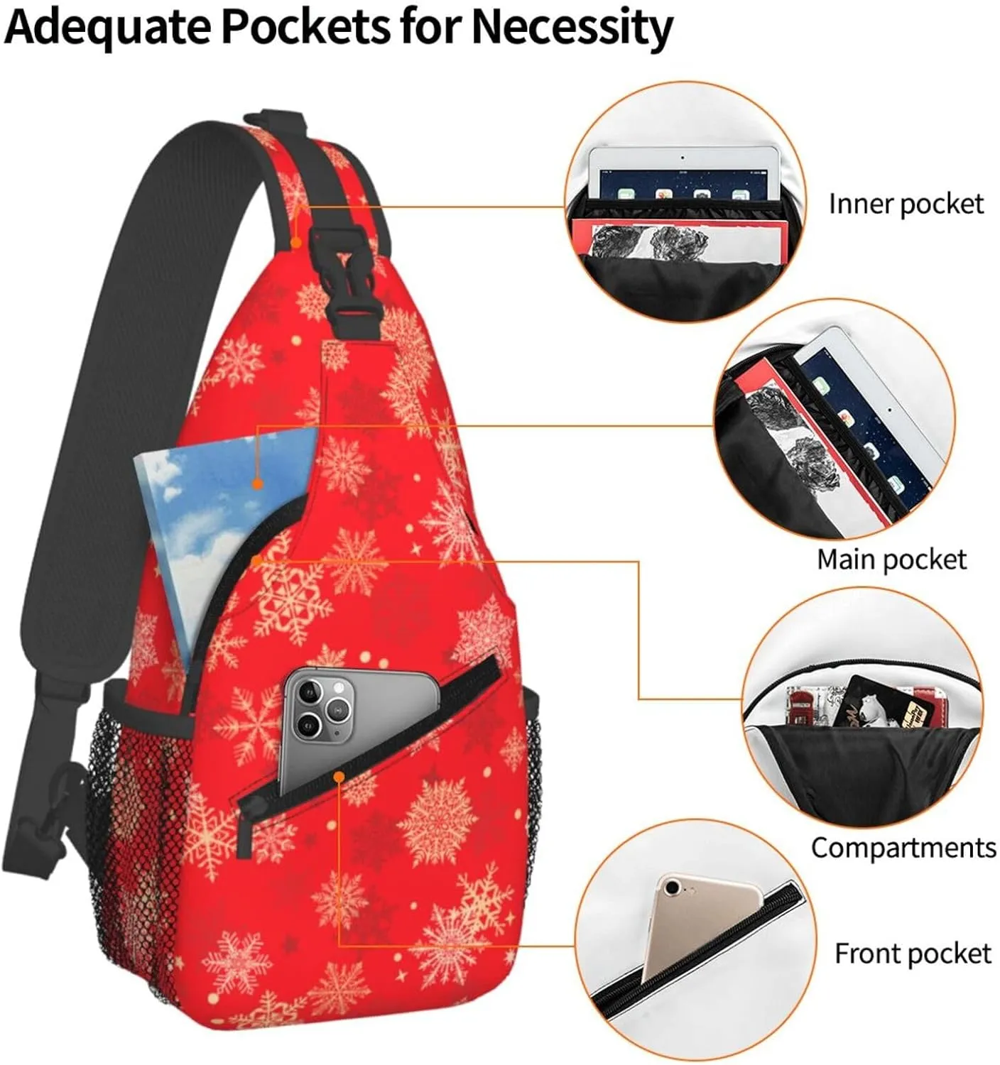 Christmas Gold Snowflakes Red Cross Chest Bag Diagonally Hiking Crossbody Bag Travel Shoulder Daypack Lightweight Sling Backpack Cycling Daypacks Fitness Chest Backpacks