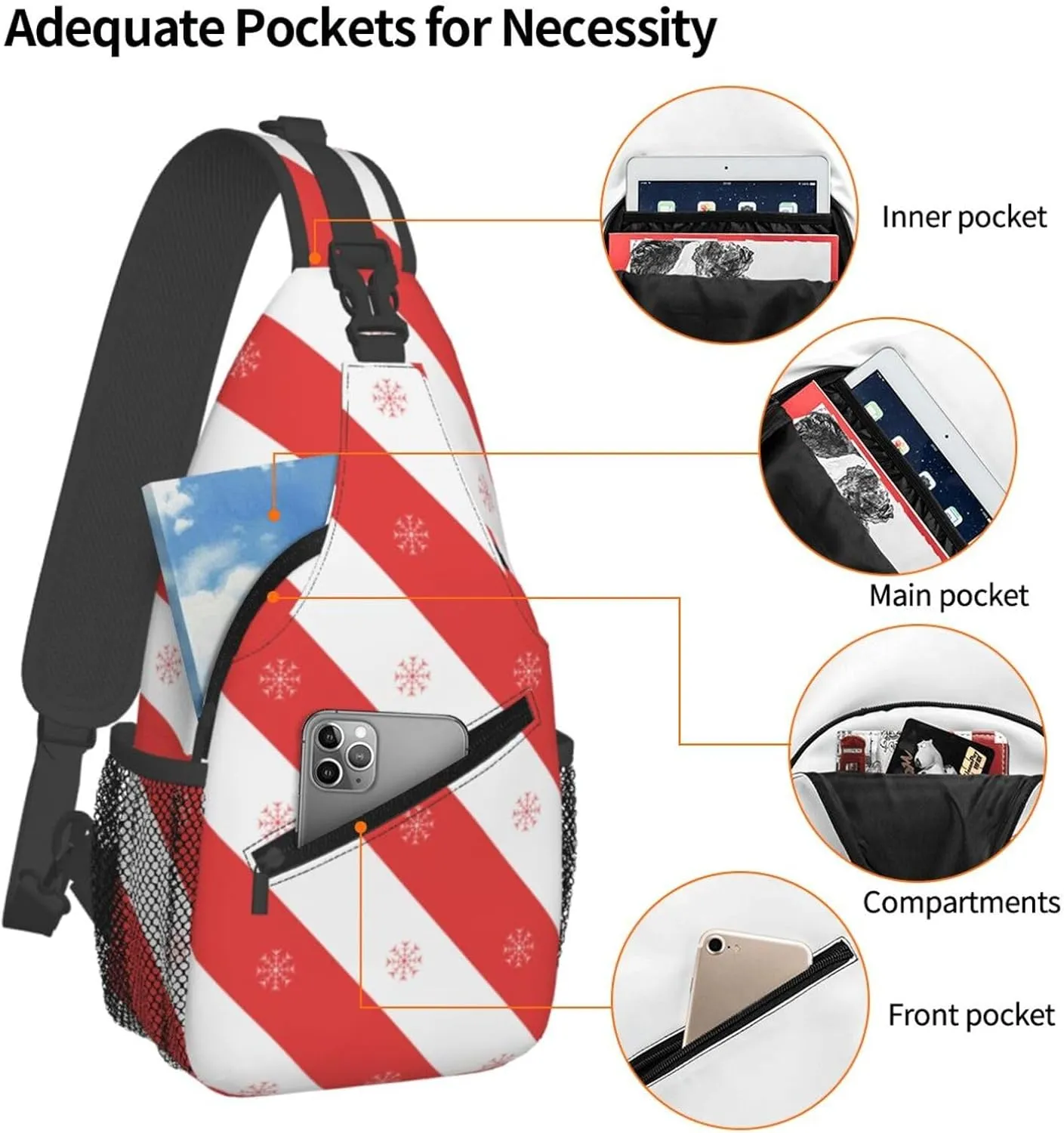 Christmas Snowflake Red White Diagonal Stripes Cross Chest Bag Diagonally Hiking Crossbody Bag Travel Shoulder Daypack Lightweight Sling Backpack Cycling Daypacks Fitness Chest Backpacks