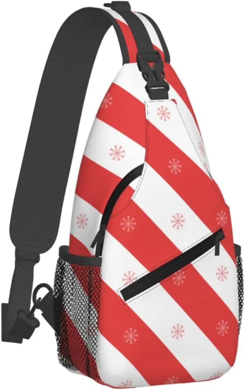 Christmas Snowflake Red White Diagonal Stripes Cross Chest Bag Diagonally Hiking Crossbody Bag Travel Shoulder Daypack Lightweight Sling Backpack Cycling Daypacks Fitness Chest Backpacks