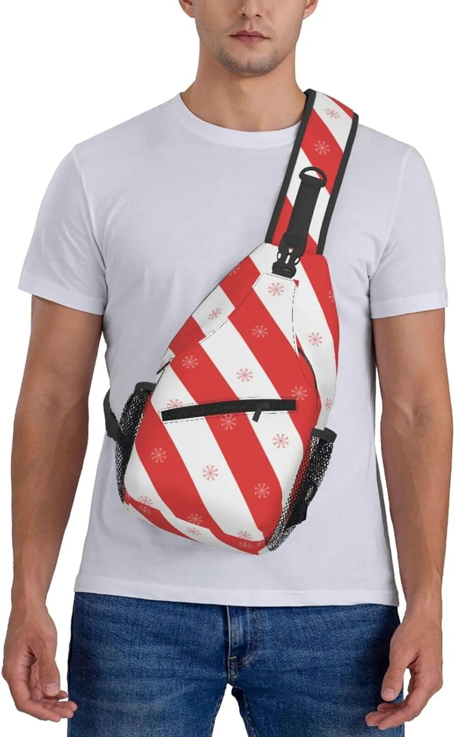 Christmas Snowflake Red White Diagonal Stripes Cross Chest Bag Diagonally Hiking Crossbody Bag Travel Shoulder Daypack Lightweight Sling Backpack Cycling Daypacks Fitness Chest Backpacks