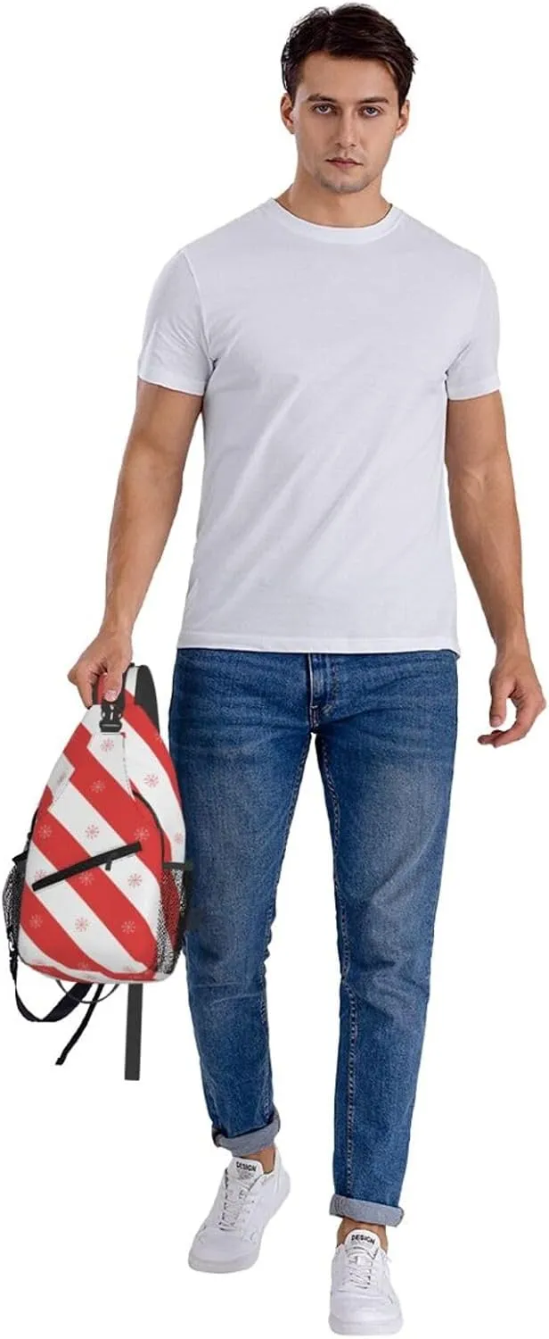 Christmas Snowflake Red White Diagonal Stripes Cross Chest Bag Diagonally Hiking Crossbody Bag Travel Shoulder Daypack Lightweight Sling Backpack Cycling Daypacks Fitness Chest Backpacks