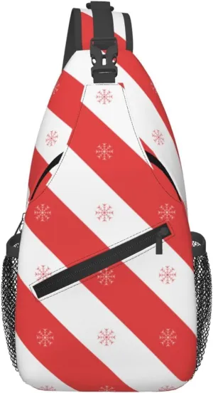 Christmas Snowflake Red White Diagonal Stripes Cross Chest Bag Diagonally Hiking Crossbody Bag Travel Shoulder Daypack Lightweight Sling Backpack Cycling Daypacks Fitness Chest Backpacks